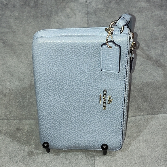 COACH DOUBLE CORNER ZIP PEBBLED LEATHER  WALLET WRISTLET STRAP 6½" X 4¼" BLUE - Picture 11 of 17